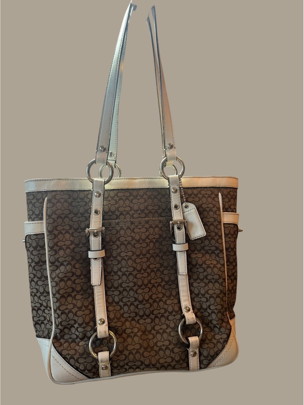 Coach Signature Brown Leather Trim Tote Bag